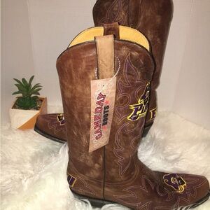East Carolina Pirates Brown Leather Western Boots with Purple & Yellow Stitching